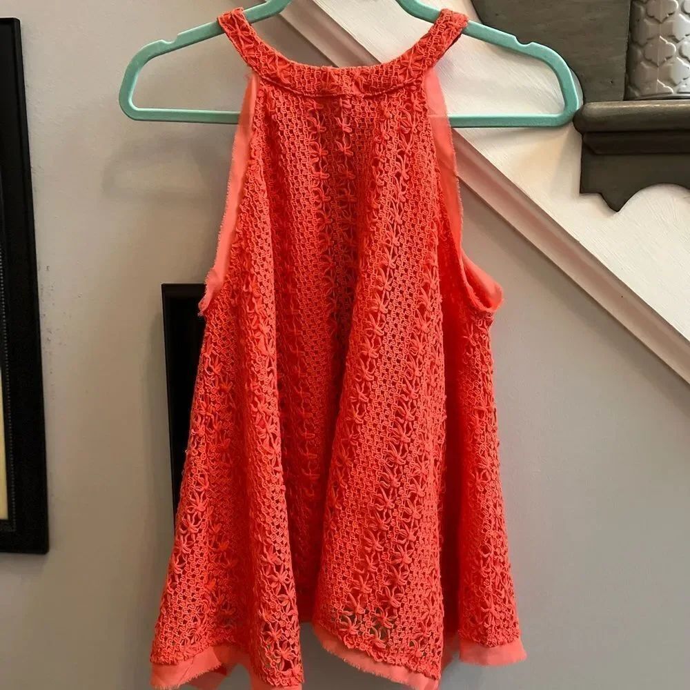 Moon River Coral Crochet Open Back Swing Top sz S EUC